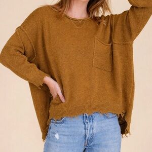 NWT Easel oversized round neck raw hem sweater with pocket mustard yellow SIZE S